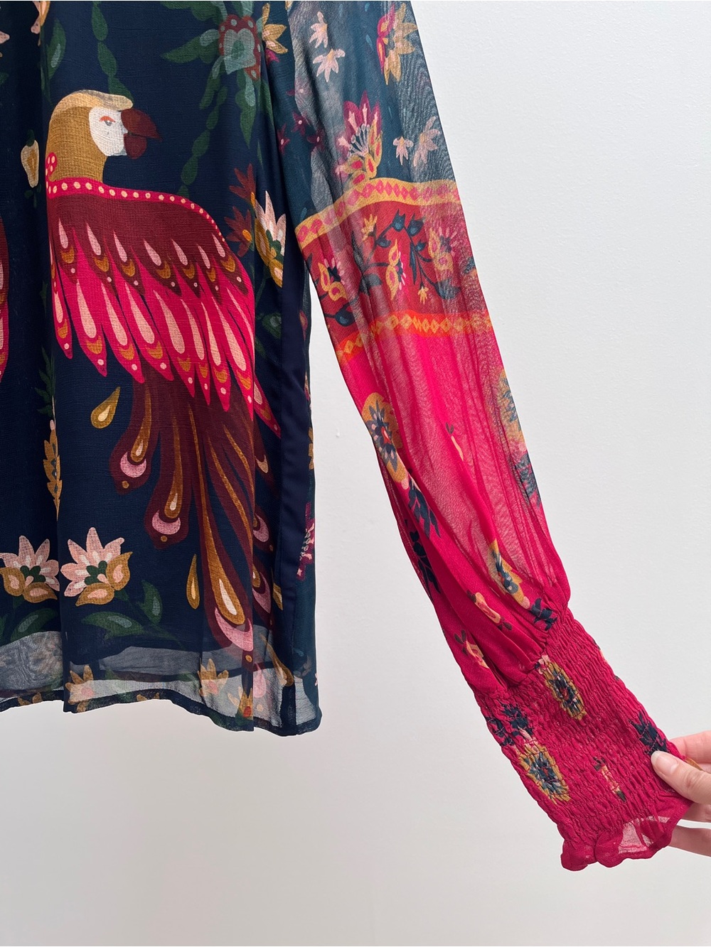 Farm Rio x Anthropologie long sleeve smocked blouse XS floral birds tropical - Picture 3 of 11